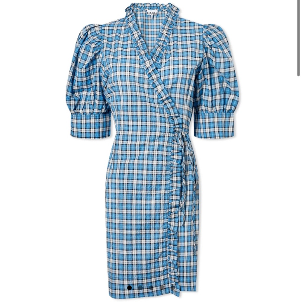 Ganni seersucker check mini dress (check azure blue)
